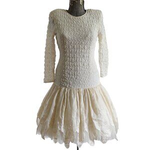 Vintage 1980s Medium Cream Lace Full Skirt Midi Party Dress | by Joy Stevens